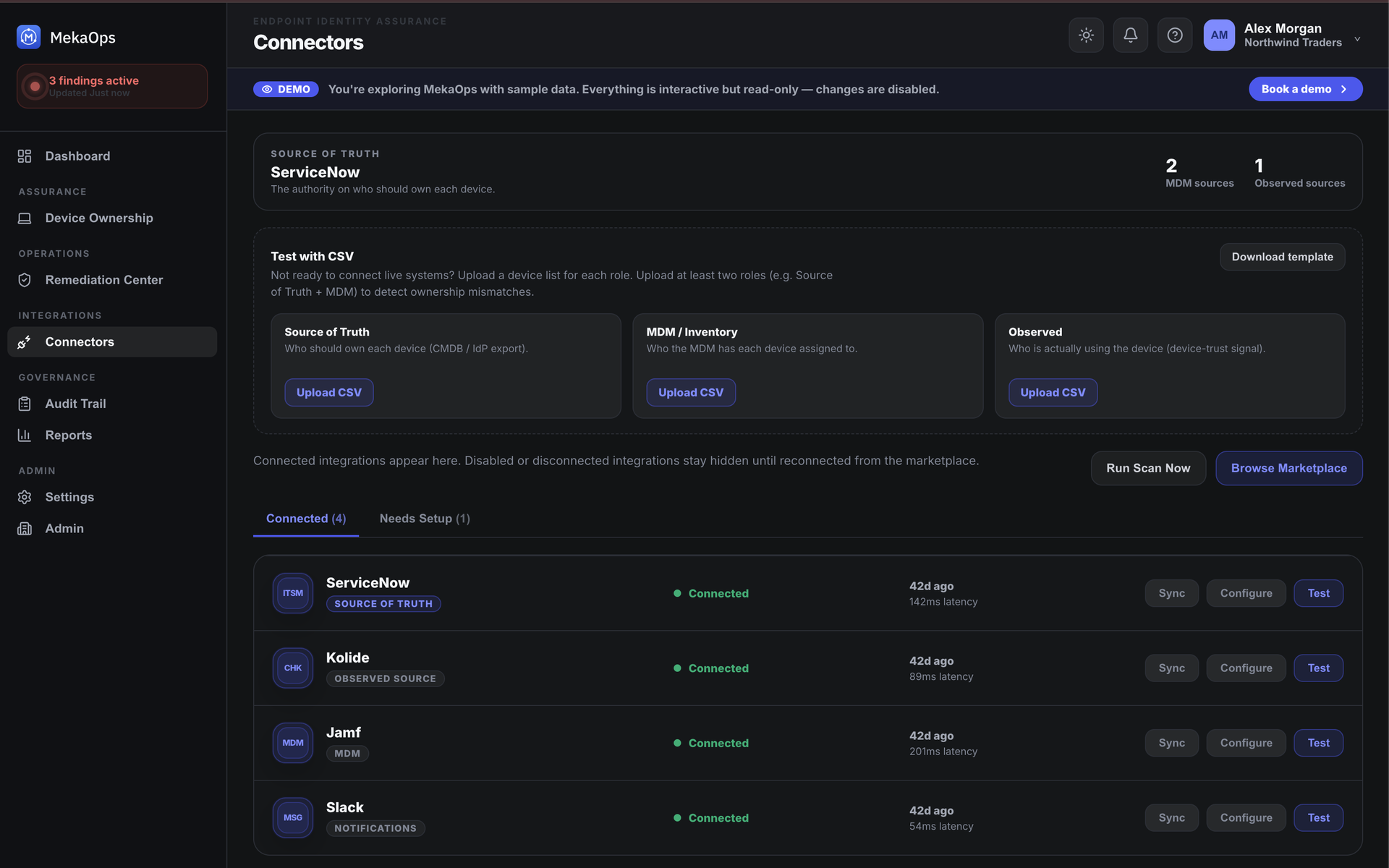 MekaOps connectors screen where each connected system is assigned a role: source of truth, MDM, or device trust.